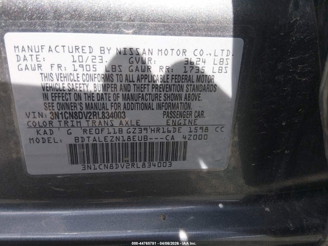 Aukcja sprzedaży 2024 Nissan Versa 1.6 S, vin: 3N1CN8DV2RL834003, numer aukcji: 44765781