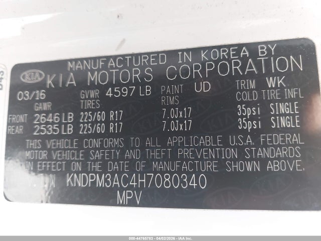 Продажа на аукционе авто 2017 Kia Sportage Lx, vin: KNDPM3AC4H7080340, номер лота: 44765783
