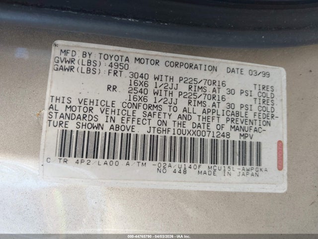 44765790 :رقم المزاد ، JT6HF10UXX0071248 vin ، 1999 Lexus Rx 300 مزاد بيع