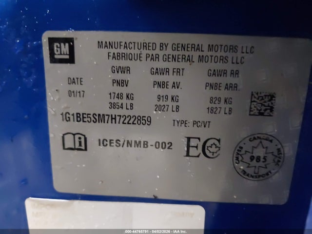 1G1BE5SM7H7222859 Chevrolet Cruze Lt Auto
