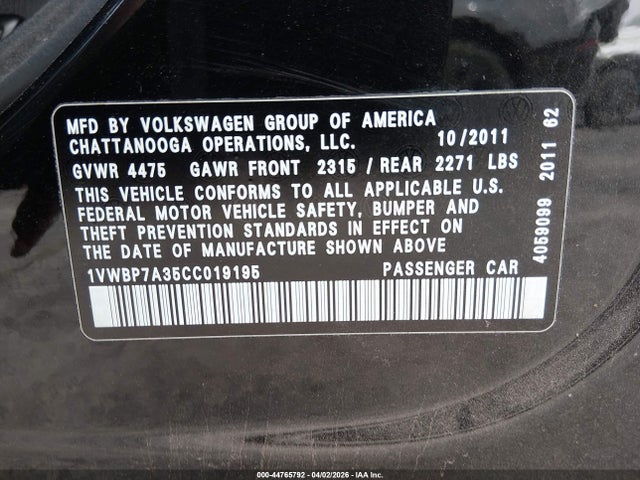 2012 Volkswagen Passat 2.5l Se მანქანა იყიდება აუქციონზე, vin: 1VWBP7A35CC019195, აუქციონის ნომერი: 44765792