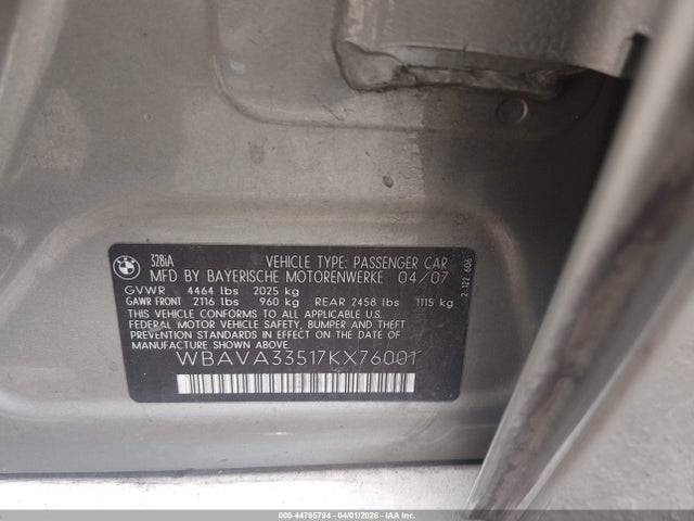 Aukcja sprzedaży 2007 Bmw 328i, vin: WBAVA33517KX76001, numer aukcji: 44765794