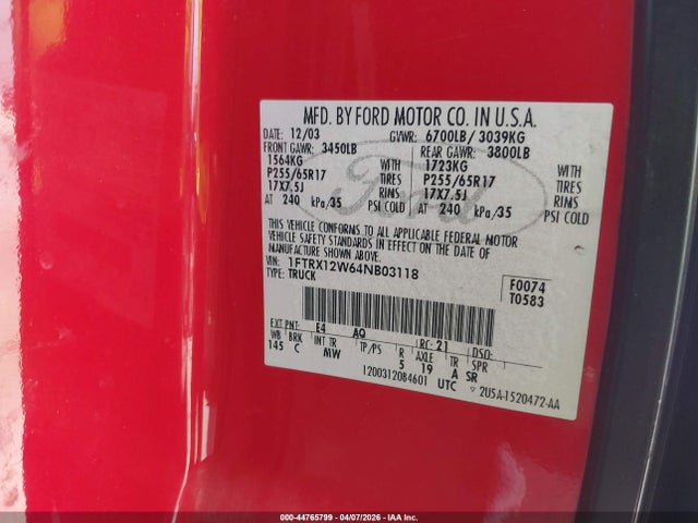 44765799 :رقم المزاد ، 1FTRX12W64NB03118 vin ، 2004 Ford F-150 Stx/xl/xlt مزاد بيع