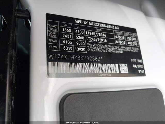 2025 Mercedes-benz Sprinter 2500 Standard Roof 4-cyl Diesel მანქანა იყიდება აუქციონზე, vin: W1Z4KFHY8SP823821, აუქციონის ნომერი: 44765823