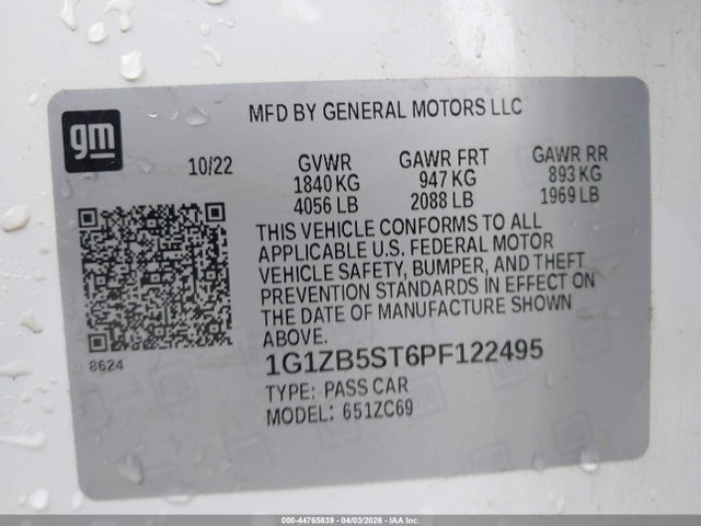 Продажа на аукционе авто 2023 Chevrolet Malibu Fwd Ls, vin: 1G1ZB5ST6PF122495, номер лота: 44765839