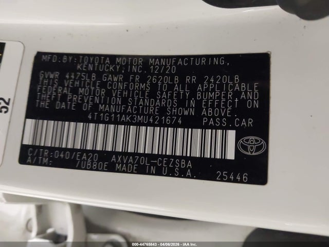 44765843 :رقم المزاد ، 4T1G11AK3MU421674 vin ، 2021 Toyota Camry Se مزاد بيع