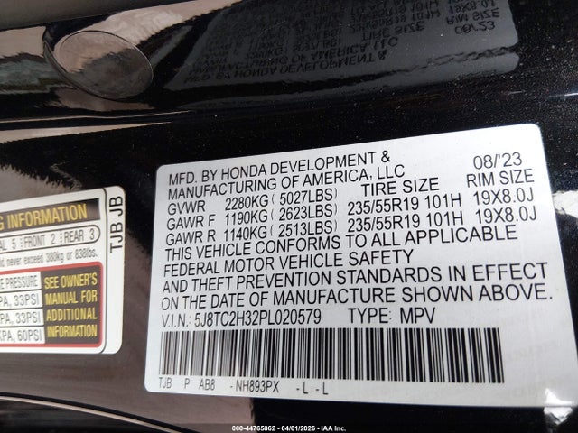44765862 :رقم المزاد ، 5J8TC2H32PL020579 vin ، 2023 Acura Rdx Standard مزاد بيع