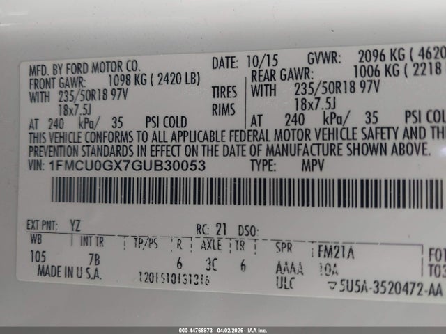44765873 :رقم المزاد ، 1FMCU0GX7GUB30053 vin ، 2016 Ford Escape Se مزاد بيع