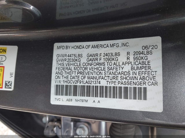 Aukcja sprzedaży 2020 Honda Accord Touring, vin: 1HGCV2F91LA021374, numer aukcji: 44765876