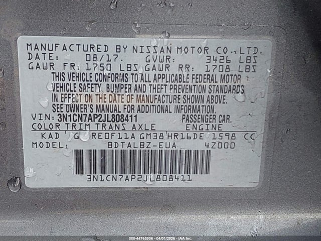 3N1CN7AP2JL808411 Nissan Versa 1.6 Sv