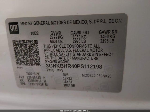 3GNKBHR40PS112198 Chevrolet Blazer Awd 2lt