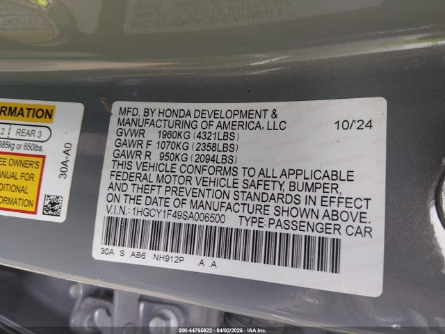 44765922 :رقم المزاد ، 1HGCY1F49SA006500 vin ، 2025 Honda Accord Se مزاد بيع