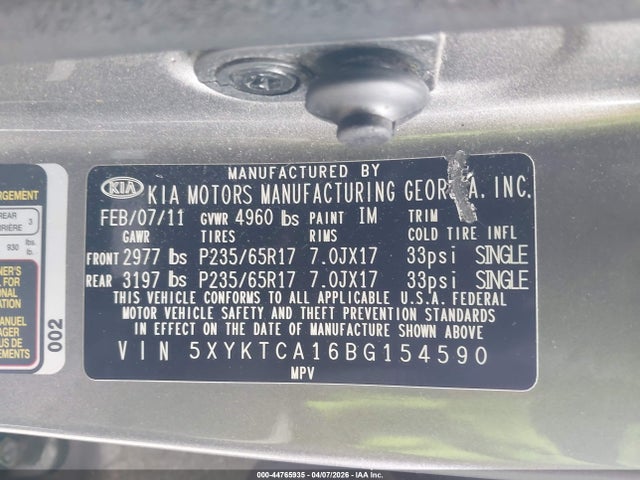 2011 KIA SORENTO 5XYKTCA16BG154590 Photo 8