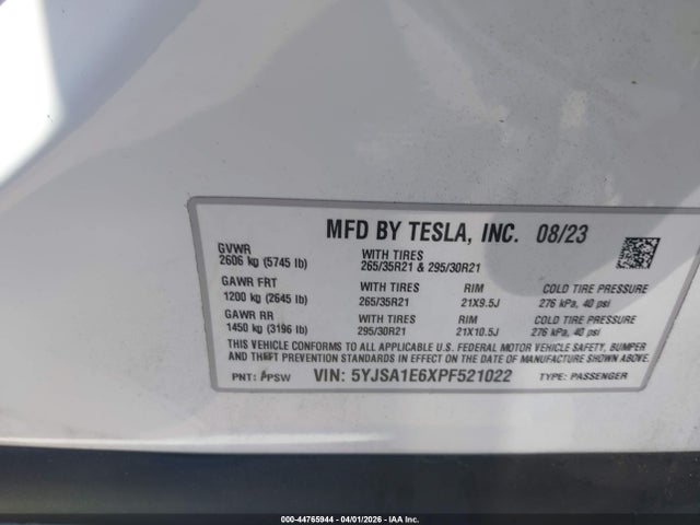 Aukcja sprzedaży 2023 Tesla Model S Plaid Tri Motor All-wheel Drive, vin: 5YJSA1E6XPF521022, numer aukcji: 44765944