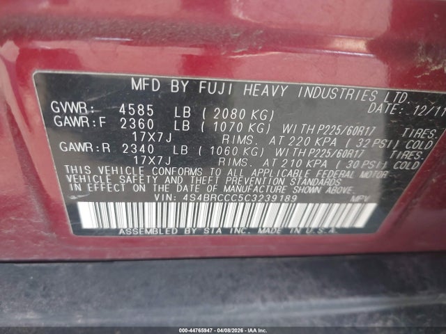 Aukcja sprzedaży 2012 Subaru Outback 2.5i Premium, vin: 4S4BRCCC5C3239189, numer aukcji: 44765947