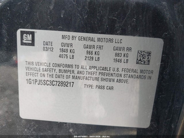 Aukcja sprzedaży 2012 Chevrolet Cruze Eco, vin: 1G1PJ5SC3C7289217, numer aukcji: 44765951