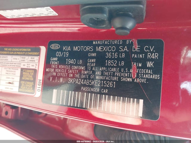 Aukcja sprzedaży 2019 Kia Rio S, vin: 3KPA24AB5KE215261, numer aukcji: 44765962