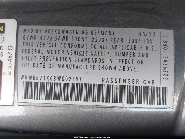 Aukcja sprzedaży 2008 Volkswagen Rabbit S, vin: WVWBB71K08W002397, numer aukcji: 44765964