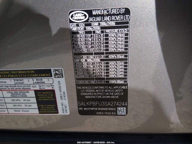 SALKPBFU3SA274244 Land Rover Range Rover P400 Se 7 Seat