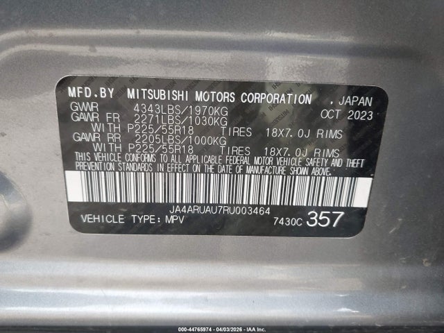 44765974 :رقم المزاد ، JA4ARUAU7RU003464 vin ، 2024 Mitsubishi Outlander Sport 2.0 Es Awc مزاد بيع