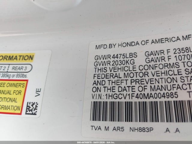 Aukcja sprzedaży 2021 Honda Accord Sport Special Edition, vin: 1HGCV1F40MA004985, numer aukcji: 44765979