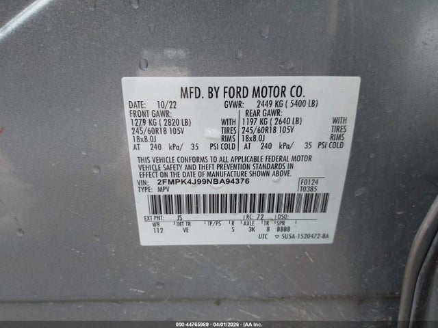 Aukcja sprzedaży 2022 Ford Edge Sel, vin: 2FMPK4J99NBA94376, numer aukcji: 44765989