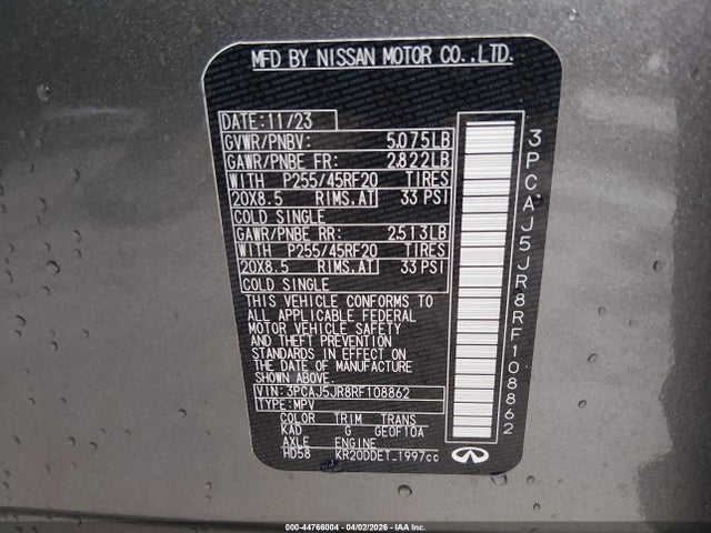 2024 Infiniti Qx55 Luxe Awd მანქანა იყიდება აუქციონზე, vin: 3PCAJ5JR8RF108862, აუქციონის ნომერი: 44766004