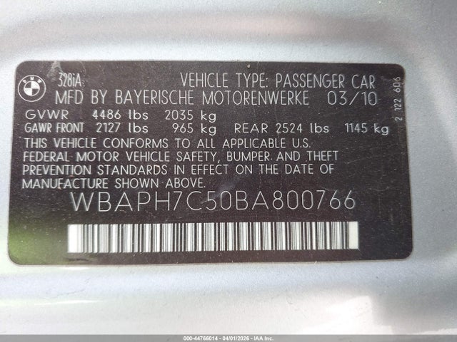 44766014 :رقم المزاد ، WBAPH7C50BA800766 vin ، 2011 Bmw 328i مزاد بيع