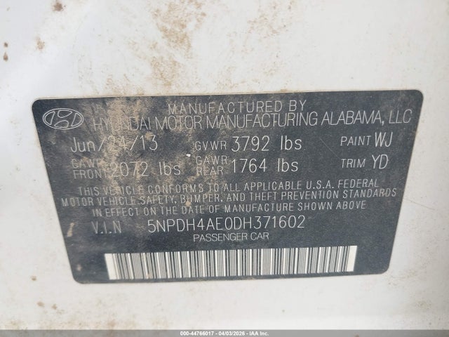 Продаж на аукціоні авто 2013 Hyundai Elantra Gls, vin: 5NPDH4AE0DH371602, номер лоту: 44766017