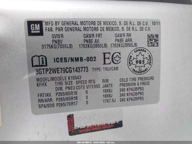 2012 Gmc Sierra 1500 Slt მანქანა იყიდება აუქციონზე, vin: 3GTP2WE79CG143773, აუქციონის ნომერი: 44766018