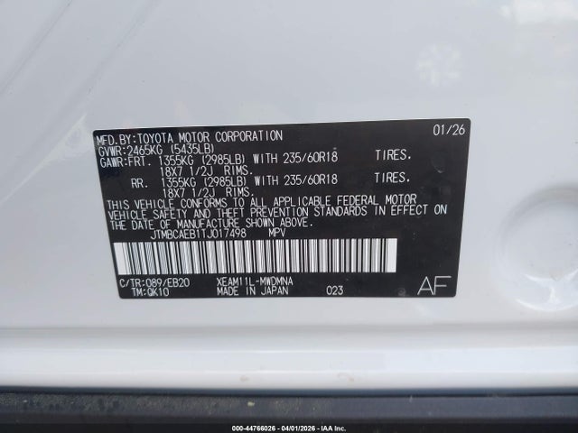 Aukcja sprzedaży 2026 Toyota Bz Xle Plus, vin: JTMBCAEB1TJ017498, numer aukcji: 44766026
