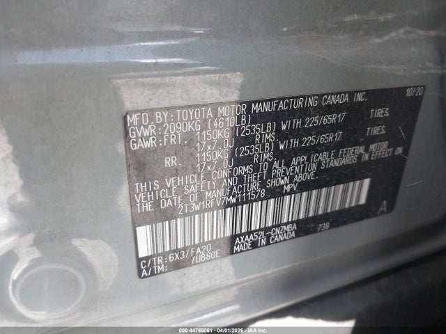 Продажа на аукционе авто 2021 Toyota Rav4 Xle, vin: 2T3W1RFV7MW111578, номер лота: 44766061