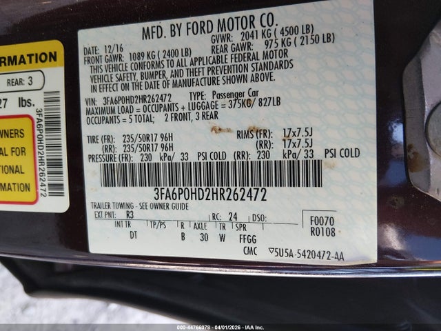Ford FUSION SE 2017 3FA6P0HD2HR262472 Image 9