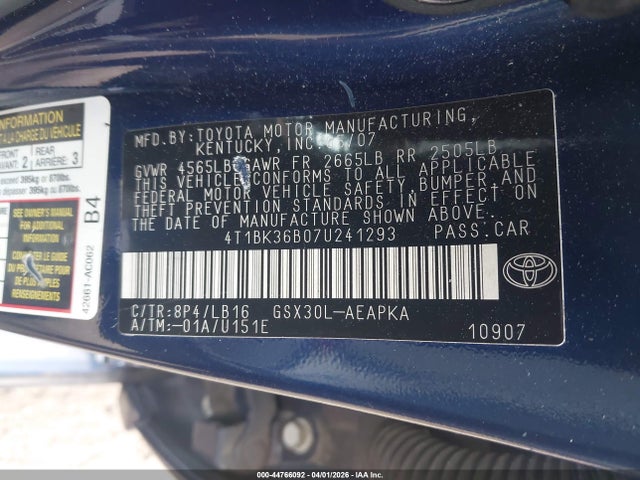 Продажа на аукционе авто 2007 Toyota Avalon Limited, vin: 4T1BK36B07U241293, номер лота: 44766092