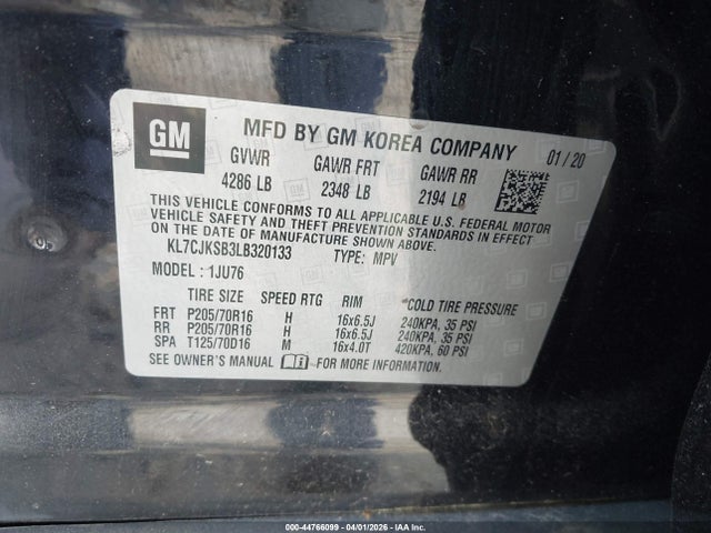 2020 Chevrolet Trax Fwd Ls მანქანა იყიდება აუქციონზე, vin: KL7CJKSB3LB320133, აუქციონის ნომერი: 44766099
