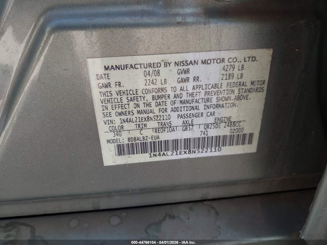 44766104 :رقم المزاد ، 1N4AL21EX8N522110 vin ، 2008 Nissan Altima 2.5 S مزاد بيع