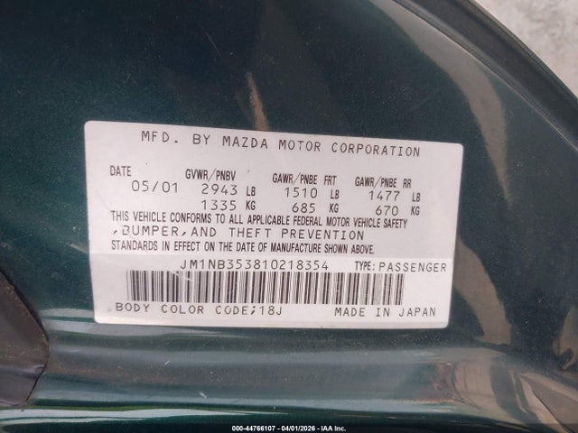 44766107 :رقم المزاد ، JM1NB353810218354 vin ، 2001 Mazda Mx-5 Miata Ls/special Edition مزاد بيع