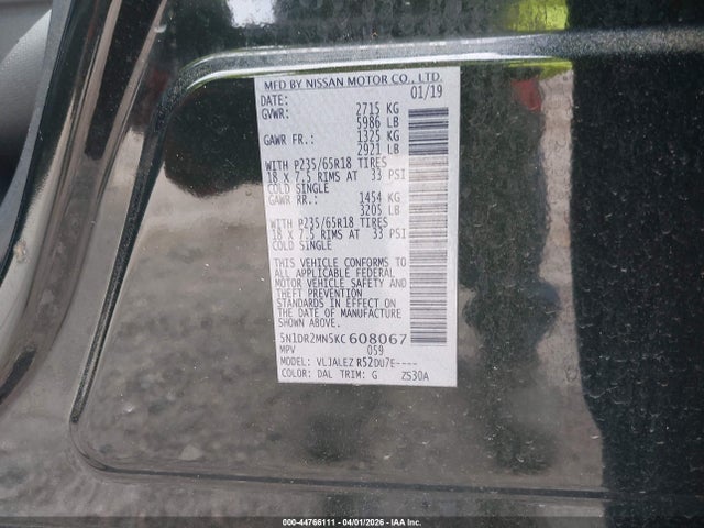 44766111 :رقم المزاد ، 5N1DR2MN5KC608067 vin ، 2019 Nissan Pathfinder Sv مزاد بيع