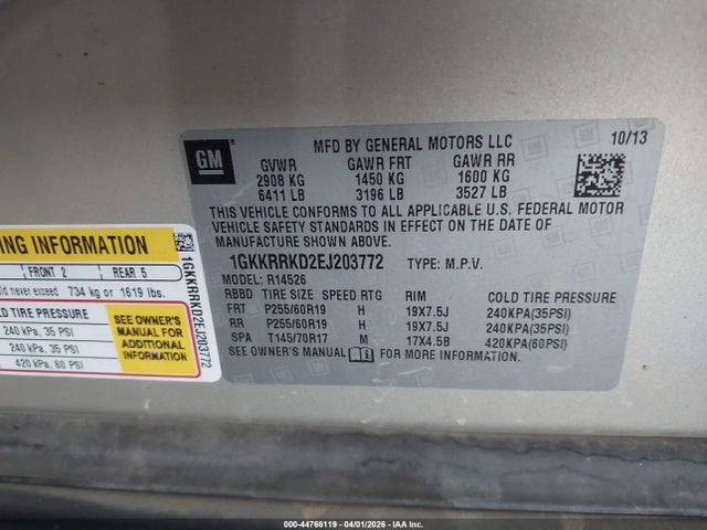 44766119 :رقم المزاد ، 1GKKRRKD2EJ203772 vin ، 2014 Gmc Acadia Slt-1 مزاد بيع