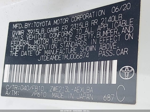 Продаж на аукціоні авто 2021 Toyota Corolla Hybrid Le, vin: JTDEAMDE1MJ006874, номер лоту: 44766140