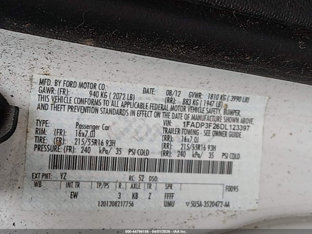 2013 Ford Focus Se მანქანა იყიდება აუქციონზე, vin: 1FADP3F26DL123397, აუქციონის ნომერი: 44766156