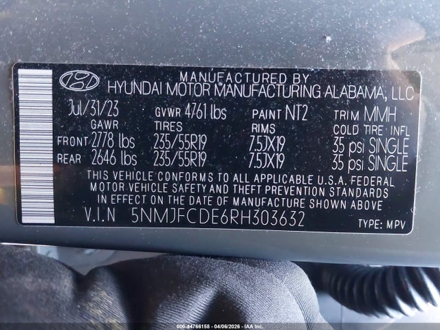 2024 Hyundai Tucson Sel მანქანა იყიდება აუქციონზე, vin: 5NMJFCDE6RH303632, აუქციონის ნომერი: 44766158