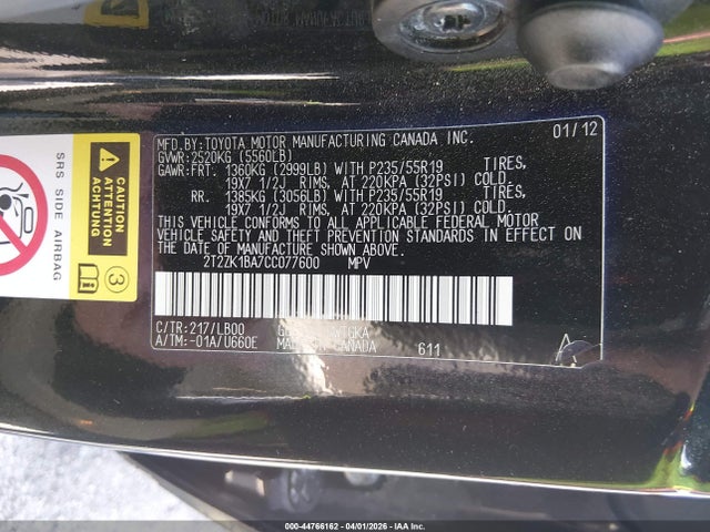 44766162 :رقم المزاد ، 2T2ZK1BA7CC077600 vin ، 2012 Lexus Rx 350 مزاد بيع