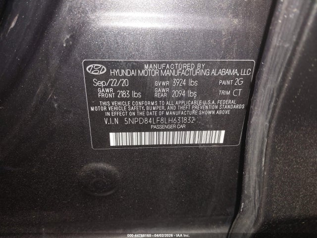 44766165 :رقم المزاد ، 5NPD84LF8LH631832 vin ، 2020 Hyundai Elantra Sel مزاد بيع