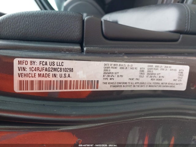 2021 Jeep Grand Cherokee Laredo X 4x4 მანქანა იყიდება აუქციონზე, vin: 1C4RJFAG2MC810298, აუქციონის ნომერი: 44766167
