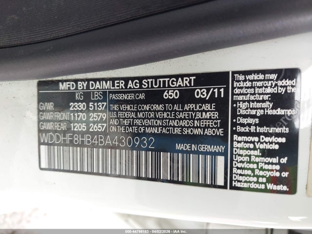44766183 :رقم المزاد ، WDDHF8HB4BA430932 vin ، 2011 Mercedes-benz E 350 4matic مزاد بيع