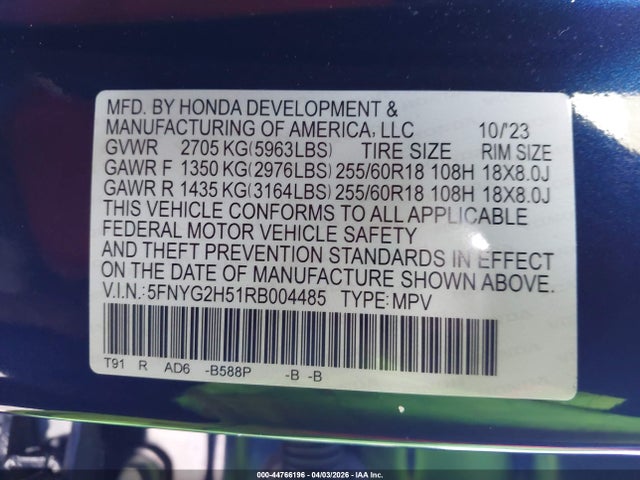 Продаж на аукціоні авто 2024 Honda Pilot Ex-l 7 Passenger, vin: 5FNYG2H51RB004485, номер лоту: 44766196