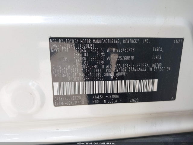 44766206 :رقم المزاد ، 4T3E6RFV8MU060766 vin ، 2021 Toyota Rav4 Hybrid Xse مزاد بيع
