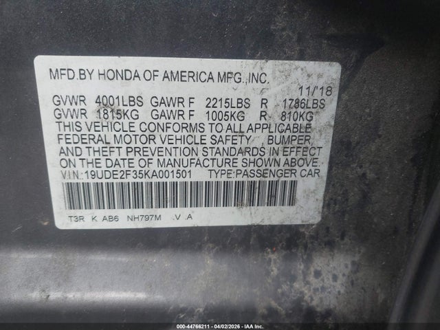 44766211 :رقم المزاد ، 19UDE2F35KA001501 vin ، 2019 Acura Ilx Standard مزاد بيع