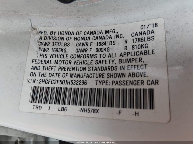 Honda Civic Lx 2018 2HGFC2F50JH532296 Image 9